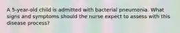 A 5-year-old child is admitted with bacterial pneumonia. What signs and symptoms should the nurse expect to assess with this disease process?