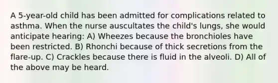 A 5-year-old child has been admitted for complications related to asthma. When the nurse auscultates the child's lungs, she would anticipate hearing: A) Wheezes because the bronchioles have been restricted. B) Rhonchi because of thick secretions from the flare-up. C) Crackles because there is fluid in the alveoli. D) All of the above may be heard.