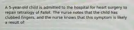 A 5-year-old child is admitted to the hospital for heart surgery to repair tetralogy of Fallot. The nurse notes that the child has clubbed fingers, and the nurse knows that this symptom is likely a result of: