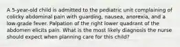 A 5-year-old child is admitted to the pediatric unit complaining of colicky abdominal pain with guarding, nausea, anorexia, and a low-grade fever. Palpation of the right lower quadrant of the abdomen elicits pain. What is the most likely diagnosis the nurse should expect when planning care for this child?