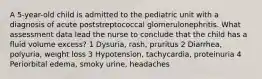 A 5-year-old child is admitted to the pediatric unit with a diagnosis of acute poststreptococcal glomerulonephritis. What assessment data lead the nurse to conclude that the child has a fluid volume excess? 1 Dysuria, rash, pruritus 2 Diarrhea, polyuria, weight loss 3 Hypotension, tachycardia, proteinuria 4 Periorbital edema, smoky urine, headaches