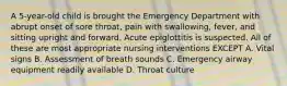 A 5-year-old child is brought the Emergency Department with abrupt onset of sore throat, pain with swallowing, fever, and sitting upright and forward. Acute epiglottitis is suspected. All of these are most appropriate nursing interventions EXCEPT A. Vital signs B. Assessment of breath sounds C. Emergency airway equipment readily available D. Throat culture