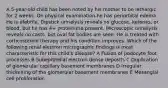 A 5-year-old child has been noted by his mother to be lethargic for 2 weeks. On physical examination he has periorbital edema. He is afebrile. Dipstick urinalysis reveals no glucose, ketones, or blood, but he has 4+ proteinuria present. Microscopic urinalysis reveals no casts, but oval fat bodies are seen. He is treated with corticosteroid therapy and his condition improves. Which of the following renal electron micrographic findings is most characteristic for this child's disease? A Fusion of podocyte foot processes B Subepithelial electron dense deposits C Duplication of glomerular capillary basement membranes D Irregular thickening of the glomerular basement membranes E Mesangial cell proliferation