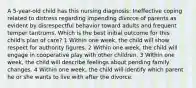 A 5-year-old child has this nursing diagnosis: Ineffective coping related to distress regarding impending divorce of parents as evident by disrespectful behavior toward adults and frequent temper tantrums. Which is the best initial outcome for this child's plan of care? 1 Within one week, the child will show respect for authority figures. 2 Within one week, the child will engage in cooperative play with other children. 3 Within one week, the child will describe feelings about pending family changes. 4 Within one week, the child will identify which parent he or she wants to live with after the divorce.