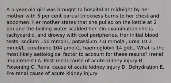 A 5-year-old girl was brought to hospital at midnight by her mother with 5 per cent partial thickness burns to her chest and abdomen. Her mother states that she pulled on the kettle at 2 pm and the boiling water scalded her. On examination she is tachycardic, and drowsy with cool peripheries. Her initial blood tests: sodium 150 mmol/L, potassium 7.8 mmol/L, urea 10.2 mmol/L, creatinine 104 μmol/L, haemoglobin 14 g/dL. What is the most likely aetiological factor to account for these results? (renal impairment) A. Post-renal cause of acute kidney injury B. Poisoning C. Renal cause of acute kidney injury D. Dehydration E. Pre-renal cause of acute kidney injury