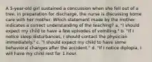 A 5-year-old girl sustained a concussion when she fell out of a tree. In preparation for discharge, the nurse is discussing home care with her mother. Which statement made by the mother indicates a correct understanding of the teaching? a. "I should expect my child to have a few episodes of vomiting." b. "If I notice sleep disturbances, I should contact the physician immediately." c. "I should expect my child to have some behavioral changes after the accident." d. "If I notice diplopia, I will have my child rest for 1 hour.