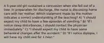 A 5-year-old girl sustained a concussion when she fell out of a tree. In preparation for discharge, the nurse is discussing home care with her mother. Which statement made by the mother indicates a correct understanding of the teaching? A) "I should expect my child to have a few episodes of vomiting." B) "If I notice sleep disturbances, I should contact the physician immediately." C) "I should expect my child to have some behavioral changes after the accident." D) "If I notice diplopia, I will have my child rest for 1 hour."