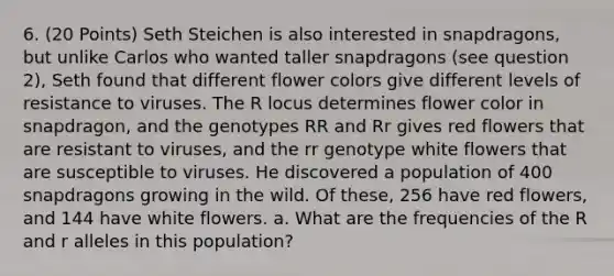 6. (20 Points) Seth Steichen is also interested in snapdragons, but unlike Carlos who wanted taller snapdragons (see question 2), Seth found that different flower colors give different levels of resistance to viruses. The R locus determines flower color in snapdragon, and the genotypes RR and Rr gives red flowers that are resistant to viruses, and the rr genotype white flowers that are susceptible to viruses. He discovered a population of 400 snapdragons growing in the wild. Of these, 256 have red flowers, and 144 have white flowers. a. What are the frequencies of the R and r alleles in this population?