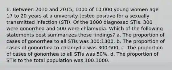 6. Between 2010 and 2015, 1000 of 10,000 young women age 17 to 20 years at a university tested positive for a sexually transmitted infection (STI). Of the 1000 diagnosed STIs, 300 were gonorrhea and 500 were chlamydia. Which of the following statements best summarizes these findings? a. The proportion of cases of gonorrhea to all STIs was 300:1300. b. The proportion of cases of gonorrhea to chlamydia was 300:500. c. The proportion of cases of gonorrhea to all STIs was 50%. d. The proportion of STIs to the total population was 100:1000.