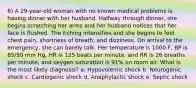 6) A 29-year-old woman with no known medical problems is having dinner with her husband. Halfway through dinner, she begins scratching her arms and her husband notices that her face is flushed. The itching intensifies and she begins to feel chest pain, shortness of breath, and dizziness. On arrival to the emergency, she can barely talk. Her temperature is 1000 F, BP is 85/50 mm Hg, HR is 125 beats per minute, and RR is 26 breaths per minute, and oxygen saturation is 91% on room air. What is the most likely diagnosis? a. Hypovolemic shock b. Neurogenic shock c. Cardiogenic shock d. Anaphylactic shock e. Septic shock