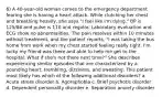 6) A 40-year-old woman comes to the emergency department fearing she is having a heart attack. While clutching her chest and breathing heavily, she says "I feel like I'm dying." BP is 125/86 and pulse is 110 and regular. Laboratory evaluation and ECG show no abnormalities. The pain resolves within 10 minutes without treatment, and the patient reports, "I was taking the bus home from work when my chest started feeling really tight. I'm lucky my friend was there and able to help me get to the hospital. What if she's not there next time?" She describes experiencing similar episodes that are characterized by a pounding heart, trembling, dizziness, and sweating. This patient most likely has which of the following additional disorders? a. Acute stress disorder b. Agoraphobia c. Brief psychotic disorder d. Dependent personality disorder e. Separation anxiety disorder