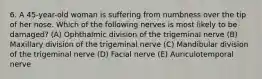 6. A 45-year-old woman is suffering from numbness over the tip of her nose. Which of the following nerves is most likely to be damaged? (A) Ophthalmic division of the trigeminal nerve (B) Maxillary division of the trigeminal nerve (C) Mandibular division of the trigeminal nerve (D) Facial nerve (E) Auriculotemporal nerve