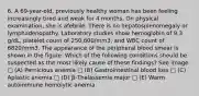 6. A 69-year-old, previously healthy woman has been feeling increasingly tired and weak for 4 months. On physical examination, she is afebrile. There is no hepatosplenomegaly or lymphadenopathy. Laboratory studies show hemoglobin of 9.3 g/dL, platelet count of 250,600/mm3, and WBC count of 6820/mm3. The appearance of the peripheral blood smear is shown in the figure. Which of the following conditions should be suspected as the most likely cause of these findings? See image. □ (A) Pernicious anemia □ (B) Gastrointestinal blood loss □ (C) Aplastic anemia □ (D) β-Thalassemia major □ (E) Warm autoimmune hemolytic anemia