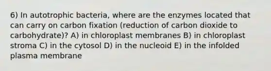 6) In autotrophic bacteria, where are the enzymes located that can carry on carbon fixation (reduction of carbon dioxide to carbohydrate)? A) in chloroplast membranes B) in chloroplast stroma C) in the cytosol D) in the nucleoid E) in the infolded plasma membrane