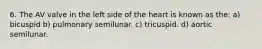 6. The AV valve in the left side of the heart is known as the: a) bicuspid b) pulmonary semilunar. c) tricuspid. d) aortic semilunar.