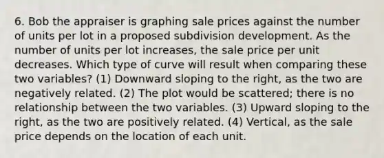 6. Bob the appraiser is graphing sale prices against the number of units per lot in a proposed subdivision development. As the number of units per lot increases, the sale price per unit decreases. Which type of curve will result when comparing these two variables? (1) Downward sloping to the right, as the two are negatively related. (2) The plot would be scattered; there is no relationship between the two variables. (3) Upward sloping to the right, as the two are positively related. (4) Vertical, as the sale price depends on the location of each unit.