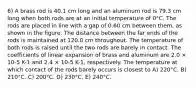 6) A brass rod is 40.1 cm long and an aluminum rod is 79.3 cm long when both rods are at an initial temperature of 0°C. The rods are placed in line with a gap of 0.60 cm between them, as shown in the figure. The distance between the far ends of the rods is maintained at 120.0 cm throughout. The temperature of both rods is raised until the two rods are barely in contact. The coefficients of linear expansion of brass and aluminum are 2.0 × 10-5 K-1 and 2.4 × 10-5 K-1, respectively. The temperature at which contact of the rods barely occurs is closest to A) 220°C. B) 210°C. C) 200°C. D) 230°C. E) 240°C.