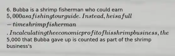 6. Bubba is a shrimp fisherman who could earn 5,000 as a fishing tour guide. Instead, he is a full-time shrimp fisherman. In calculating the economic profit of his shrimp business, the5,000 that Bubba gave up is counted as part of the shrimp business's