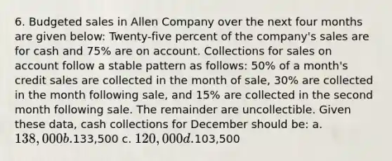 6. Budgeted sales in Allen Company over the next four months are given below: Twenty-five percent of the company's sales are for cash and 75% are on account. Collections for sales on account follow a stable pattern as follows: 50% of a month's credit sales are collected in the month of sale, 30% are collected in the month following sale, and 15% are collected in the second month following sale. The remainder are uncollectible. Given these data, cash collections for December should be: a. 138,000 b.133,500 c. 120,000 d.103,500