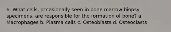 6. What cells, occasionally seen in bone marrow biopsy specimens, are responsible for the formation of bone? a. Macrophages b. Plasma cells c. Osteoblasts d. Osteoclasts