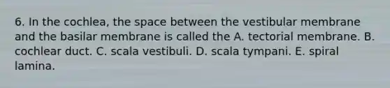 6. In the cochlea, <a href='https://www.questionai.com/knowledge/k0Lyloclid-the-space' class='anchor-knowledge'>the space</a> between the vestibular membrane and the basilar membrane is called the A. tectorial membrane. B. cochlear duct. C. scala vestibuli. D. scala tympani. E. spiral lamina.