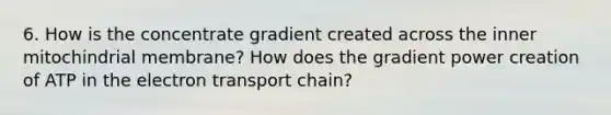 6. How is the concentrate gradient created across the inner mitochindrial membrane? How does the gradient power creation of ATP in the electron transport chain?