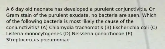 A 6 day old neonate has developed a purulent conjunctivitis. On Gram stain of the purulent exudate, no bacteria are seen. Which of the following bacteria is most likely the cause of the conjunctivitis? (A) Chlamydia trachomatis (B) Escherichia coli (C) Listeria monocytogenes (D) Neisseria gonorrhoeae (E) Streptococcus pneumoniae