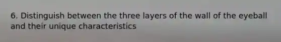 6. Distinguish between the three layers of the wall of the eyeball and their unique characteristics