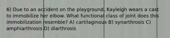 6) Due to an accident on the playground, Kayleigh wears a cast to immobilize her elbow. What functional class of joint does this immobilization resemble? A) cartilaginous B) synarthrosis C) amphiarthrosis D) diarthrosis