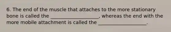 6. The end of the muscle that attaches to the more stationary bone is called the ____________________, whereas the end with the more mobile attachment is called the ____________________.