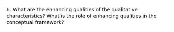 6. What are the enhancing qualities of the qualitative characteristics? What is the role of enhancing qualities in the conceptual framework?