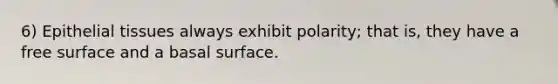 6) Epithelial tissues always exhibit polarity; that is, they have a free surface and a basal surface.
