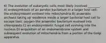 6) The evolution of eukaryotic cells most likely involved ________. A) endosymbiosis of an aerobic bacterium in a larger host cell-the endosymbiont evolved into mitochondria B) anaerobic archaea taking up residence inside a larger bacterial host cell to escape toxic oxygen-the anaerobic bacterium evolved into chloroplasts C) an endosymbiotic fungal cell evolving into the nucleus D) acquisition of an endomembrane system and subsequent evolution of mitochondria from a portion of the Golgi apparatus