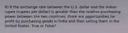 6) If the exchange rate between the U.S. dollar and the Indian rupee (rupees per dollar) is greater than the relative purchasing power between the two countries, there are opportunities for profit by purchasing goods in India and then selling them in the United States. True or False?