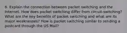 6. Explain the connection between packet switching and the Internet. How does packet switching differ from circuit-switching? What are the key benefits of packet switching and what are its major weaknesses? How is packet switching similar to sending a postcard through the US Mail?