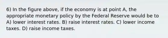 6) In the figure above, if the economy is at point A, the appropriate monetary policy by the Federal Reserve would be to A) lower interest rates. B) raise interest rates. C) lower income taxes. D) raise income taxes.