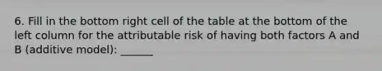 6. Fill in the bottom right cell of the table at the bottom of the left column for the attributable risk of having both factors A and B (additive model): ______