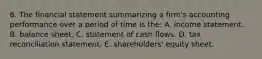 6. The financial statement summarizing a firm's accounting performance over a period of time is the: A. income statement. B. balance sheet. C. statement of cash flows. D. tax reconciliation statement. E. shareholders' equity sheet.