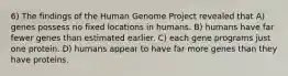 6) The findings of the Human Genome Project revealed that A) genes possess no fixed locations in humans. B) humans have far fewer genes than estimated earlier. C) each gene programs just one protein. D) humans appear to have far more genes than they have proteins.