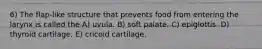 6) The flap-like structure that prevents food from entering the larynx is called the A) uvula. B) soft palate. C) epiglottis. D) thyroid cartilage. E) cricoid cartilage.