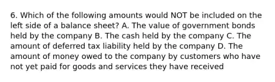 6. Which of the following amounts would NOT be included on the left side of a balance sheet? A. The value of government bonds held by the company B. The cash held by the company C. The amount of deferred tax liability held by the company D. The amount of money owed to the company by customers who have not yet paid for goods and services they have received