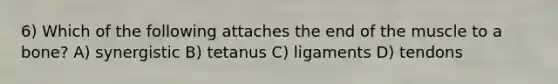 6) Which of the following attaches the end of the muscle to a bone? A) synergistic B) tetanus C) ligaments D) tendons