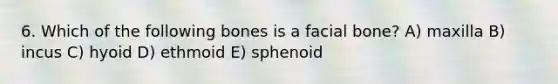 6. Which of the following bones is a facial bone? A) maxilla B) incus C) hyoid D) ethmoid E) sphenoid