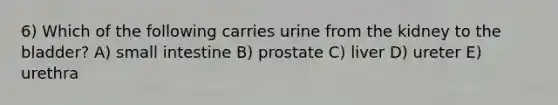 6) Which of the following carries urine from the kidney to the bladder? A) small intestine B) prostate C) liver D) ureter E) urethra