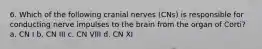 6. Which of the following cranial nerves (CNs) is responsible for conducting nerve impulses to the brain from the organ of Corti? a. CN I b. CN III c. CN VIII d. CN XI