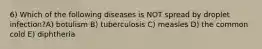 6) Which of the following diseases is NOT spread by droplet infection?A) botulism B) tuberculosis C) measles D) the common cold E) diphtheria