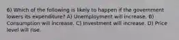 6) Which of the following is likely to happen if the government lowers its expenditure? A) Unemployment will increase. B) Consumption will increase. C) Investment will increase. D) Price level will rise.