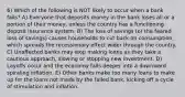 6) Which of the following is NOT likely to occur when a bank fails? A) Everyone that deposits money in the bank loses all or a portion of their money, unless the country has a functioning deposit insurance system. B) The loss of savings (or the feared loss of savings) causes households to cut back on consumption, which spreads the recessionary effect wider through the country. C) Unaffected banks may stop making loans as they take a cautious approach, slowing or stopping new investment. D) Layoffs occur and the economy falls deeper into a downward spiraling inflation. E) Other banks make too many loans to make up for the loans not made by the failed bank, kicking off a cycle of stimulation and inflation.