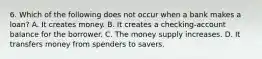 6. Which of the following does not occur when a bank makes a loan? A. It creates money. B. It creates a checking-account balance for the borrower. C. The money supply increases. D. It transfers money from spenders to savers.