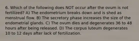 6. Which of the following does NOT occur after the ovum is not fertilized? A) The endometrium breaks down and is shed as menstrual flow. B) The secretory phase increases the size of the endometrial glands. C) The ovum dies and degenerates 36 to 48 hours after being released. D) The corpus luteum degenerates 10 to 12 days after lack of fertilization.